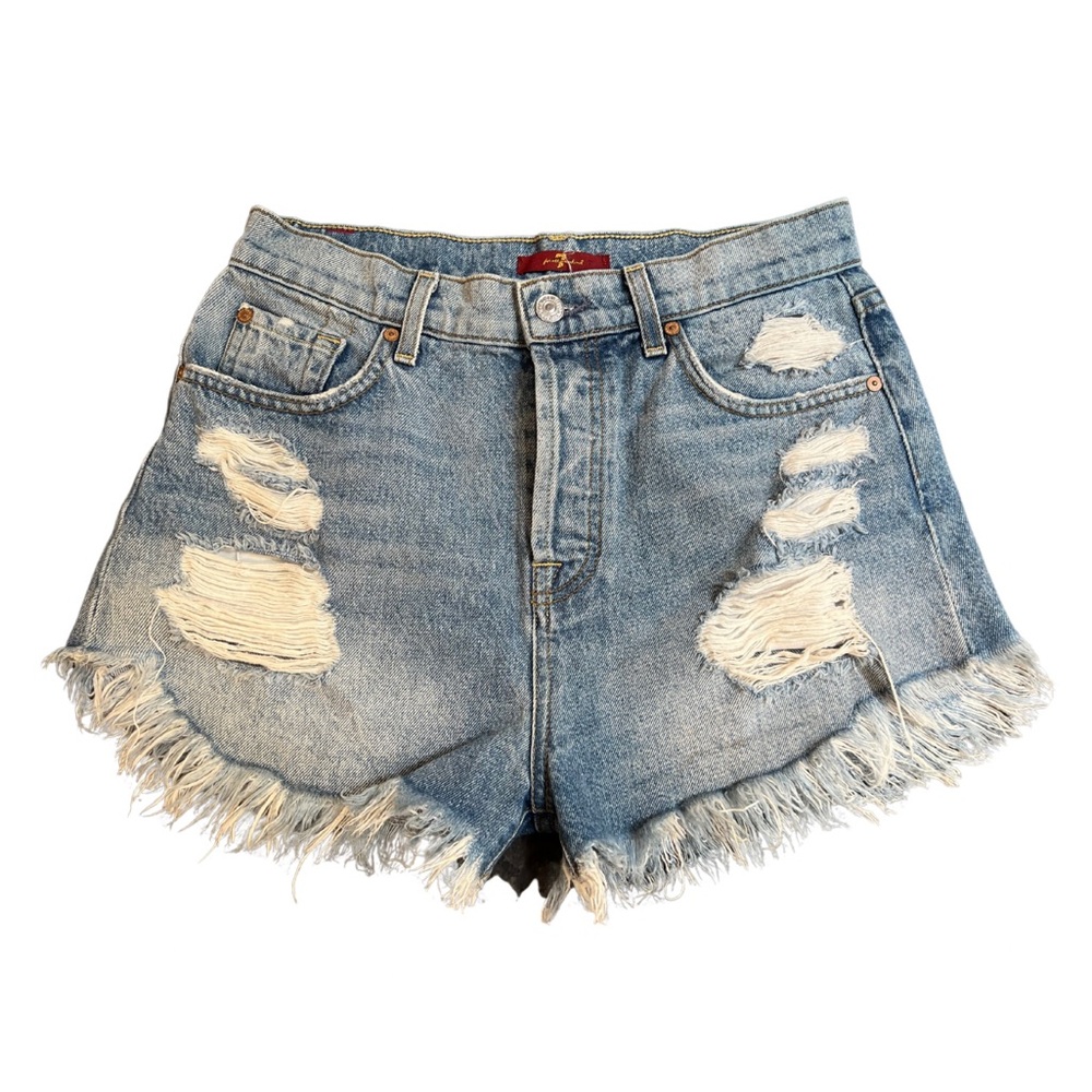 7 For All Mankind High Waist Light Blue Wash Distressed Denim Cutoff Shorts 28